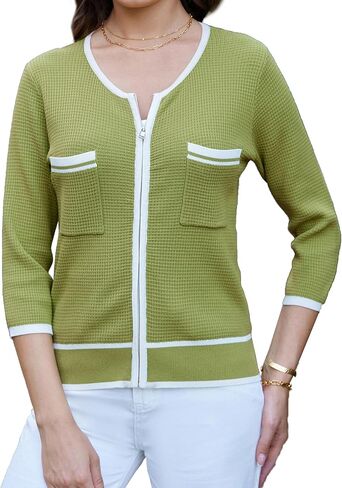 GRACE KARIN Women's 2024 Contrast Color Block Cardigan 3/4 Sleeve Cropped Sweaters Trendy Zip Up Knit Shrug with Pocket in Saudi Arabia