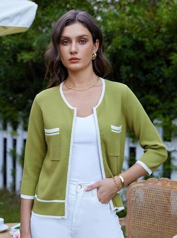 GRACE KARIN Women's 2024 Contrast Color Block Cardigan 3/4 Sleeve Cropped Sweaters Trendy Zip Up Knit Shrug with Pocket in Saudi Arabia