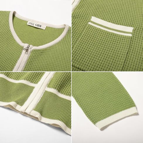 GRACE KARIN Women's 2024 Contrast Color Block Cardigan 3/4 Sleeve Cropped Sweaters Trendy Zip Up Knit Shrug with Pocket in Saudi Arabia