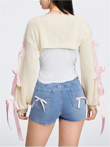 GORGLITTER Women's Cute Bow Bolero Shrugs for Dresses Y2k Lightweight Open Front Cardigan Sweaters Fall Crop Knit Tops in Saudi Arabia