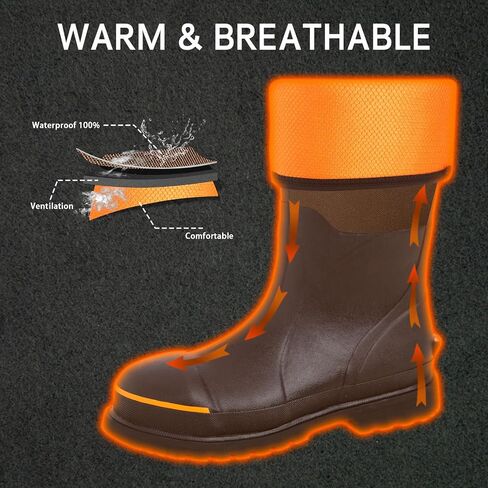 Men's Rubber Work Boots with Steel Toe & Shank, Waterproof & Anti-Slip, 6mm Neoprene, Durable Brown Rubber Boot for Construction, Farming, Manufacturing, Sizes 7-14 in Saudi Arabia