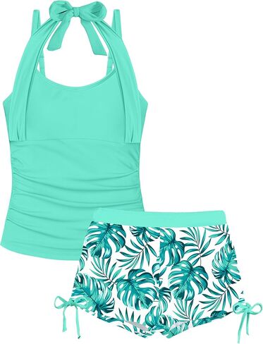 Girls Swimsuit 2 Piece Halterneck Girls Tankini Swimsuit Drawstring Printed Swim Shorts Girl Bathing Suit for 7-18T in Saudi Arabia