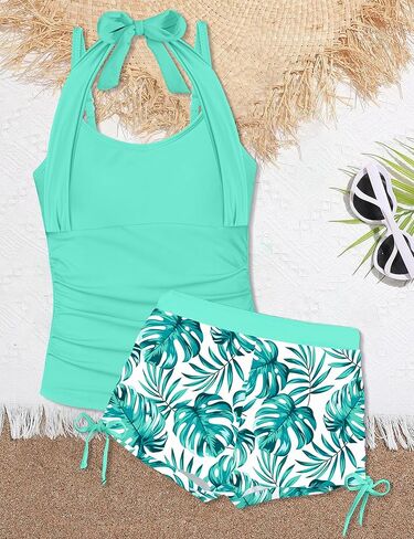 Girls Swimsuit 2 Piece Halterneck Girls Tankini Swimsuit Drawstring Printed Swim Shorts Girl Bathing Suit for 7-18T in Saudi Arabia