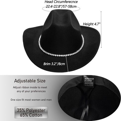 Bling Rhinestone Western Cowgirl Hat for Women Men, Rolled Up Sparkly Star Felt Fedora, Retro Rodeo Panama Cowboy Hat in Saudi Arabia