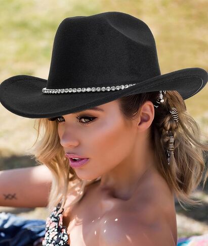 Bling Rhinestone Western Cowgirl Hat for Women Men, Rolled Up Sparkly Star Felt Fedora, Retro Rodeo Panama Cowboy Hat in Saudi Arabia
