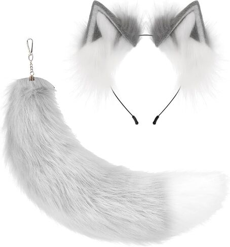 2 Pcs Fox Wolf Cat Ear Headband and Tail Keychain Furry Fancy Party Party Costume Gift Therian Stuff Tail Gear Wolf Ear in Kuwait
