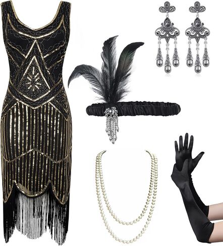 Coucoland Womens 1920s Flapper Sequin Beads Dress with Roaring 20s Gatsby Accessories Set for Party in Kuwait