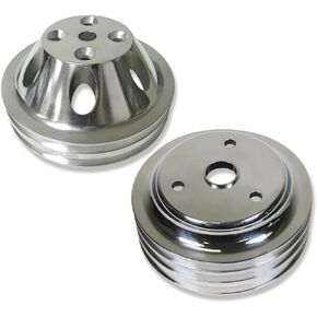 Chrome Aluminum Upper Water Pump (2 Groove) & Crankshaft (3 Groove) Pulley Kit Compatible with SBC Chevy SBC 265 283 305 327 350 383 400 For Long Water Pump LWP Crank