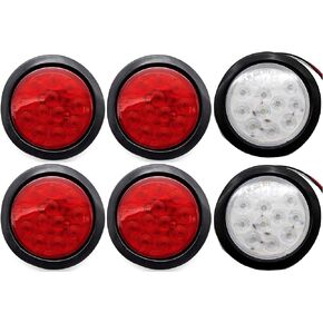 [ALL STAR TRUCK PARTS] 4" Inch White Red Amber 12 LED Round Stop/Turn/Tail/Reverse/Backup/Mid Turn/Signal Trailer Light Kit with 3 wire Pigtail Plug & Grommet (Red, 10x)