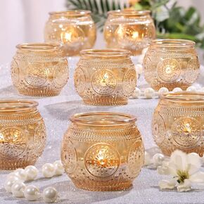 12 Pcs Amber Candle Holders- Amber Glass Candle Holders, Amber Fall Votive Candle Holders for Thanksgiving Decor, Fall Tablescape, Vintage Tea Lights Candle Holders for Home Decor, Boho Decor