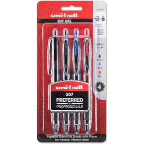uni-ball® 207™ Retractable Fraud Prevention Gel Pens, Medium Point, 0.7 mm, Black Barrels, Assorted Ink Colors, Pack Of 4