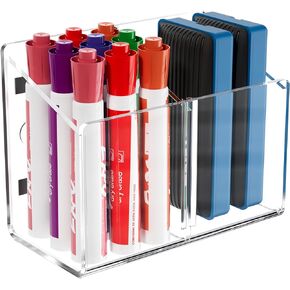 MaxGear Magnetic Dry Erase Marker Holder, Clear Acrylic Pen & Marker Organizer with 2 Compartments for Fridge, Whiteboard, Wall & Locker