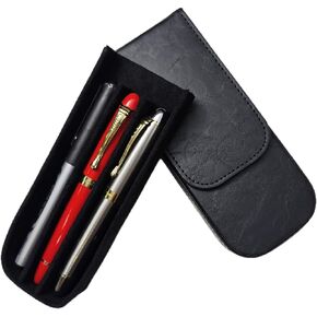 3Slots Leather Fountain Pen Case Collector Organizer - Handmade Pen Case Vintage Crazy Horse Print Leather Pen Protective Sleeve Cover Pen Storage Gift Box (Black)