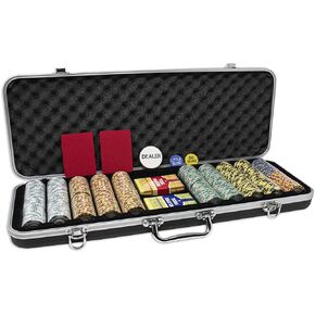 DA VINCI Monte Carlo Poker Club Set of 500 14 Gram 3 Tone Chips with Upgrade Ding Proof Black ABS Case, 2 Decks Plastic Playing Cards, 2 Cut Cards, Dealer and Blind Buttons