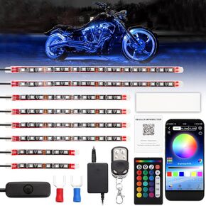 طقم مصابيح RVGIVE 16 قطعة للدراجات النارية RGB Underglow، شريط إضاءة مقاوم للماء لوضع الموسيقى، مع تطبيق وجهاز تحكم عن بعد مزدوج للدراجات النارية والدراجات الثلاثية وعربات الجولف