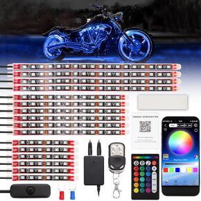 RVGIVE 16 PCS Motorcycle RGB Underglow Lights Kit, Music Mode Waterproof Light Bar,with APP and Dual Remote Control for Motorcycles, Trikes and Golf Carts