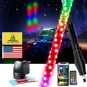1PC 2FT LED Whip Light with Spring Base & Rocker Switch, UTV Whip Light with App & Remote Control, 360° Spiral Chasing Color Antenna Light for ATV Polaris RZR SXS Can-Am Dune Buggy Motorcycle