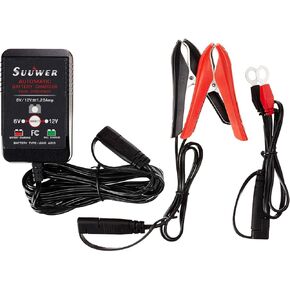 1.25-Amp Trickle Battery Charger 6V/12V Fully-Automatic Smart Battery Maintainer for Motorcycle, ATV, Boat, Lawn Mower and More