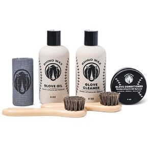 Rhino Wax - Baseball Glove Complete Maintenance Kit - Includes: Baseball Glove Cleaner (8 oz) Baseball Glove Oil (8 oz), Baseball Glove Conditioner (4 oz), 2 Brushes + Microfiber Cloth - Made in USA