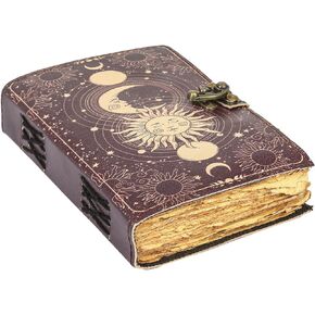 Sun & Moon Vintage Leather Journal for Men & Women 200 Pages of Antique Handmade Deckle Edge Vintage Paper, Leather Sketchbook, Drawing Journal, Printed leather Journal, Great Gift (8 x 6 Inch)