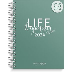 Burde Planner 2024 | Life Organizer Green | January 1, 2024 to January 5, 2025 | Silver spiral binding | Daily, Weekly, Monthly Planner | Scheduler | Thick paper, Hardcover