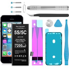 Battery for iPhone 5S / 5C, Upgraded 7200mAh Ultra High Capacity Li-Polymer Battery Replacement for iPhone 5s / 5c Model A1453, A1457, A1518, A1528, A1530, A1533 with Repair Tool Kit