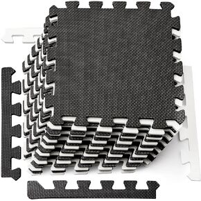 DEAYOU 16 Tiles Foam Mat, EVA Foam Mat, Soft Exercise Mats for Fitness, Play, Gym, 12" x 12", Black and White