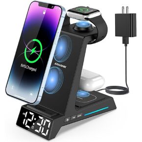 Wireless Charging Station - 4 in 1 Wireless Charger with Alarm Clock, Charging Stand Dock for iPhone 15/14/13/12/11/Pro/Max/XR/XS/X/Samsung Phone, for AirPods Pro/3/2, Apple Watch 9/8/7/6/5/SE/4/3/2