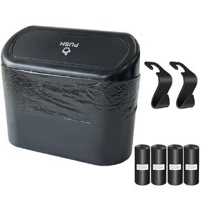Kitbest (2 Pack Car Trash Can Bin with Lid, 120 pcs Trash Bags and 4 pcs Car Hooks. Mini Car Garbage Can, Dustbin Can Organizer Storage for Front Back Seat Accessories for Car Office Home