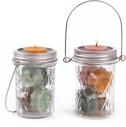 CretFine Tea Light Candle حامل زجاجي، حاملات شموع نذرية لشموع الشاي السائبة، حامل شمع جرة ميسون مع أغطية الشموع، حامل شموع التخييم للقطعة المركزية، الزفاف، ديكور المنزل 2 حزمة، 8oz in Kuwait