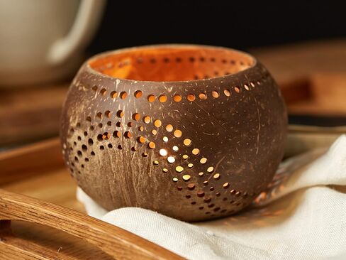 حامل شمع على شكل قشرة جوز الهند من جنجل كالتشر | حاملي الشموع الطبيعية الخفيفة | مثالية لحفلات الزفاف وديكور المنزل والحدائق | وعاء جوز الهند العضوي الفريد من نوعه مكون من قطعتين in Kuwait