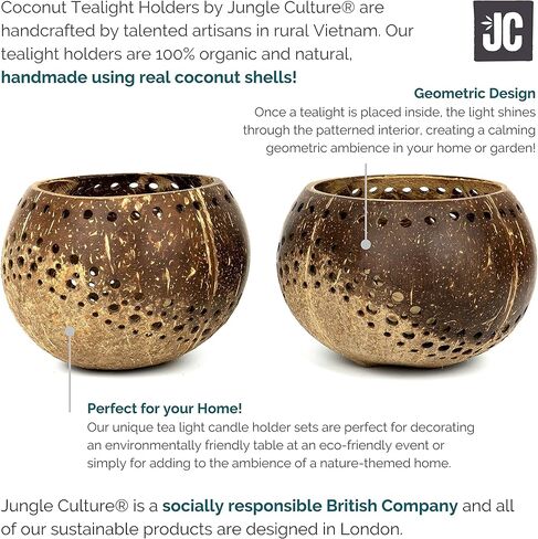 حامل شمع على شكل قشرة جوز الهند من جنجل كالتشر | حاملي الشموع الطبيعية الخفيفة | مثالية لحفلات الزفاف وديكور المنزل والحدائق | وعاء جوز الهند العضوي الفريد من نوعه مكون من قطعتين in Kuwait