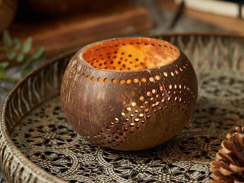 حامل شمع على شكل قشرة جوز الهند من جنجل كالتشر | حاملي الشموع الطبيعية الخفيفة | مثالية لحفلات الزفاف وديكور المنزل والحدائق | وعاء جوز الهند العضوي الفريد من نوعه مكون من قطعتين in Kuwait