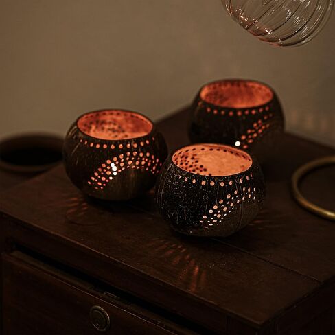 حامل شمع على شكل قشرة جوز الهند من جنجل كالتشر | حاملي الشموع الطبيعية الخفيفة | مثالية لحفلات الزفاف وديكور المنزل والحدائق | وعاء جوز الهند العضوي الفريد من نوعه مكون من قطعتين in Kuwait