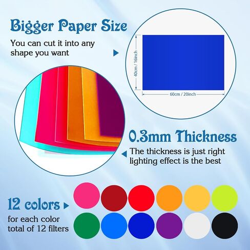 12 Pcs 16x20inch Correction Gel Light Filter Lighting Gels Diffuser 12 Colors Overlays Transparent Plastic Sheets Film for Landscape Led Light, Photography, Video, Photo, Stage in Saudi Arabia