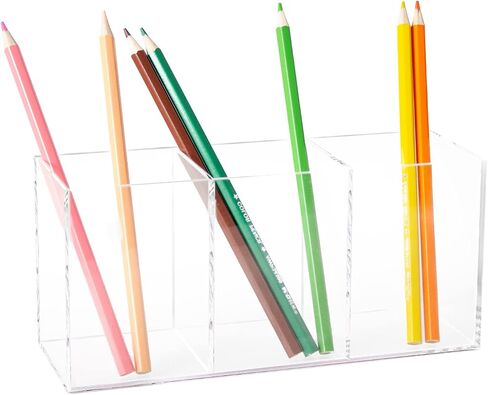 XCVBNM Acrylic Pen Holder 3 Compartments, Clear Makeup Brushes Holder Pen Pot Pencil Holder Organiser Cup Desk Stationery Storage for Home, Office and School Countertop Desk Accessory Storage in Saudi Arabia