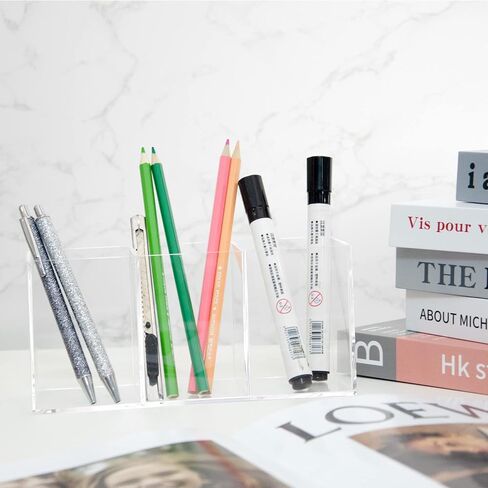 XCVBNM Acrylic Pen Holder 3 Compartments, Clear Makeup Brushes Holder Pen Pot Pencil Holder Organiser Cup Desk Stationery Storage for Home, Office and School Countertop Desk Accessory Storage in Saudi Arabia