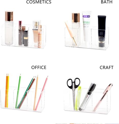 XCVBNM Acrylic Pen Holder 3 Compartments, Clear Makeup Brushes Holder Pen Pot Pencil Holder Organiser Cup Desk Stationery Storage for Home, Office and School Countertop Desk Accessory Storage in Saudi Arabia