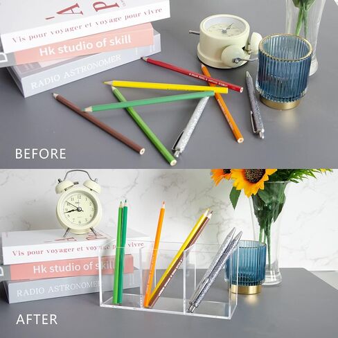 XCVBNM Acrylic Pen Holder 3 Compartments, Clear Makeup Brushes Holder Pen Pot Pencil Holder Organiser Cup Desk Stationery Storage for Home, Office and School Countertop Desk Accessory Storage in Saudi Arabia