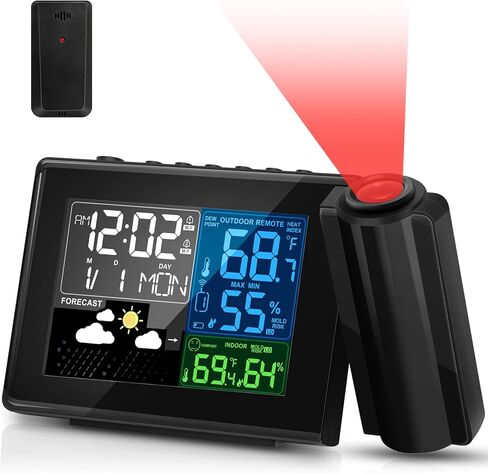 ساعة منبه إسقاط من جيفون مع تركيز الإسقاط، مقياس رطوبة درجة الحرارة اللاسلكي في الأماكن المغلقة والخارجية، إضاءة خلفية قابلة للتعديل، توقعات الطقس، إنذار مزدوج لسقف غرفة النوم، يعمل بالتيار المتردد والبطارية in Kuwait