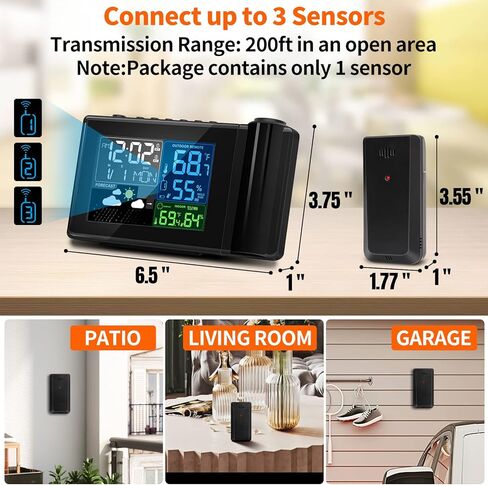 ساعة منبه إسقاط من جيفون مع تركيز الإسقاط، مقياس رطوبة درجة الحرارة اللاسلكي في الأماكن المغلقة والخارجية، إضاءة خلفية قابلة للتعديل، توقعات الطقس، إنذار مزدوج لسقف غرفة النوم، يعمل بالتيار المتردد والبطارية in Kuwait