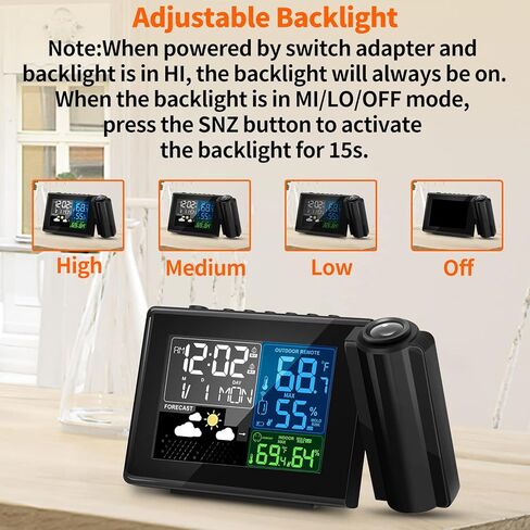 ساعة منبه إسقاط من جيفون مع تركيز الإسقاط، مقياس رطوبة درجة الحرارة اللاسلكي في الأماكن المغلقة والخارجية، إضاءة خلفية قابلة للتعديل، توقعات الطقس، إنذار مزدوج لسقف غرفة النوم، يعمل بالتيار المتردد والبطارية in Kuwait