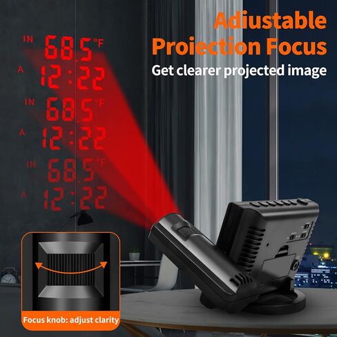 ساعة منبه إسقاط من جيفون مع تركيز الإسقاط، مقياس رطوبة درجة الحرارة اللاسلكي في الأماكن المغلقة والخارجية، إضاءة خلفية قابلة للتعديل، توقعات الطقس، إنذار مزدوج لسقف غرفة النوم، يعمل بالتيار المتردد والبطارية in Kuwait