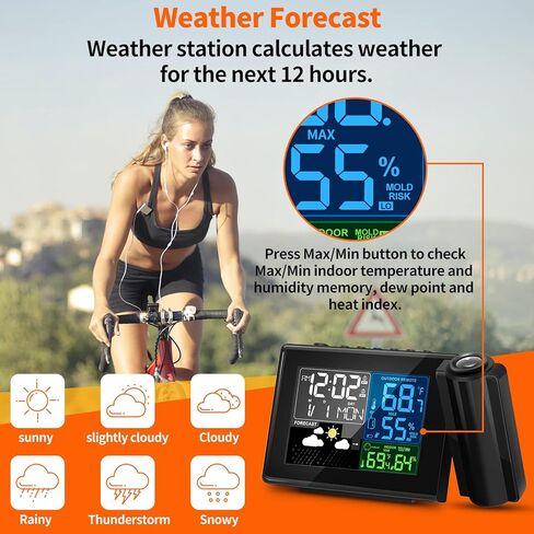 ساعة منبه إسقاط من جيفون مع تركيز الإسقاط، مقياس رطوبة درجة الحرارة اللاسلكي في الأماكن المغلقة والخارجية، إضاءة خلفية قابلة للتعديل، توقعات الطقس، إنذار مزدوج لسقف غرفة النوم، يعمل بالتيار المتردد والبطارية in Kuwait