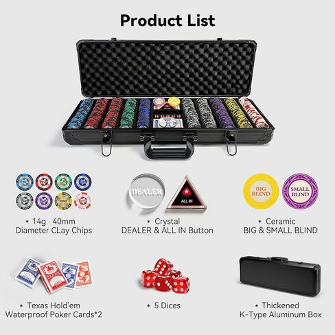 رقائق بوكر كلاي، 500 قطعة 14 جرام مجموعة شرائح بوكر مع حافظة بوكر مقاومة للصدمات من النوع K، رقائق مرقمة، مجموعة بوكر لبلاك جاك تكساس هولدم in Kuwait