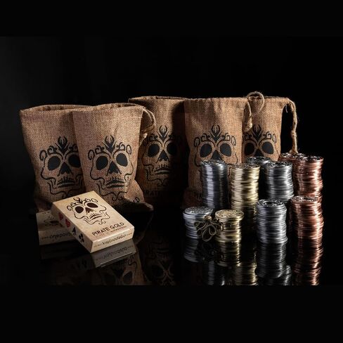 PIRATEGOLD القراصنة تحت عنوان مجموعة شرائح البوكر المعدنية 300 قطعة لتكساس هولدم، الذهب، الفضة، جونميتال، العملات البرونزية مع 2 × بطاقات بطاقات، 1 × حقيبة حمل خشبية مخصصة in Saudi Arabia
