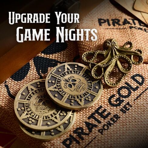 PIRATEGOLD القراصنة تحت عنوان مجموعة شرائح البوكر المعدنية 300 قطعة لتكساس هولدم، الذهب، الفضة، جونميتال، العملات البرونزية مع 2 × بطاقات بطاقات، 1 × حقيبة حمل خشبية مخصصة in Saudi Arabia