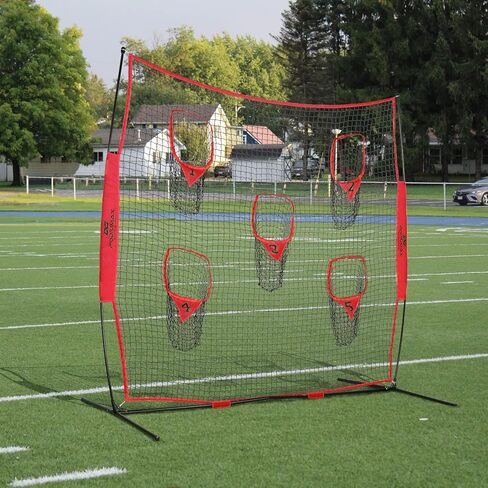 شبكة رمي مدرب كرة القدم المحمولة من PodiuMax، شبكة بدون عقد بطول 8 أقدام × 8 أقدام لتحسين دقة رمي QB مع 5 جيوب مستهدفة، مع حقيبة حمل (أحمر) in Kuwait