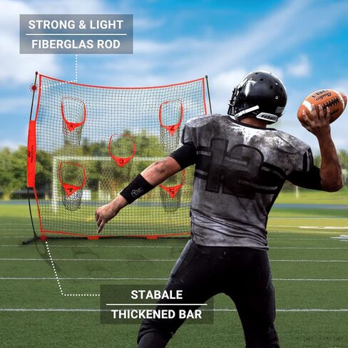 شبكة رمي مدرب كرة القدم المحمولة من PodiuMax، شبكة بدون عقد بطول 8 أقدام × 8 أقدام لتحسين دقة رمي QB مع 5 جيوب مستهدفة، مع حقيبة حمل (أحمر) in Kuwait