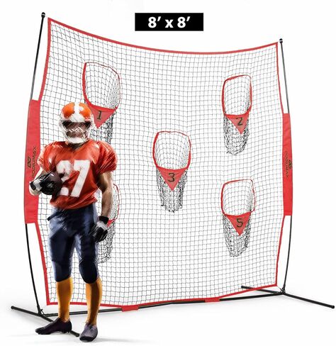 شبكة رمي مدرب كرة القدم المحمولة من PodiuMax، شبكة بدون عقد بطول 8 أقدام × 8 أقدام لتحسين دقة رمي QB مع 5 جيوب مستهدفة، مع حقيبة حمل (أحمر) in Kuwait
